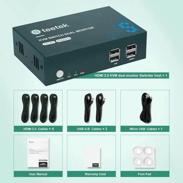 Alt view image 7 of 7 - Steetek Dual Monitor KVM Switch HDMI 2 Port, KVM Switch 2 Monitors 2 Computers 4K@60Hz (YUV4:4:4), HDMI KVM Switch 2 in 2 Out, Button Switch and Hotkey Switch, with 4 HDMI and 2 USB Cable