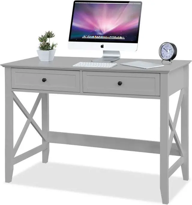 Main image of Computer Desk with 2 Drawers, Elegant Home Office Writing Study Desk with Storage, Modern Simple Vanity Desk Console Table for Living Room, Grey
