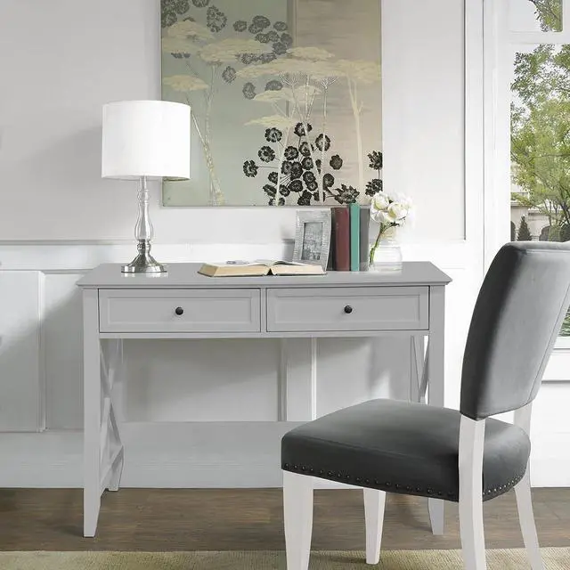 Alt view image 2 of 7 - Computer Desk with 2 Drawers, Elegant Home Office Writing Study Desk with Storage, Modern Simple Vanity Desk Console Table for Living Room, Grey
