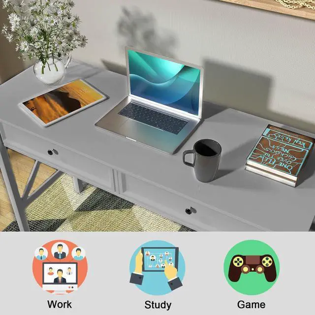 Alt view image 4 of 7 - Computer Desk with 2 Drawers, Elegant Home Office Writing Study Desk with Storage, Modern Simple Vanity Desk Console Table for Living Room, Grey