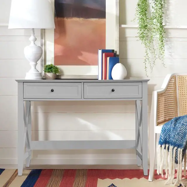 Alt view image 5 of 7 - Computer Desk with 2 Drawers, Elegant Home Office Writing Study Desk with Storage, Modern Simple Vanity Desk Console Table for Living Room, Grey