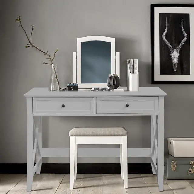 Alt view image 6 of 7 - Computer Desk with 2 Drawers, Elegant Home Office Writing Study Desk with Storage, Modern Simple Vanity Desk Console Table for Living Room, Grey