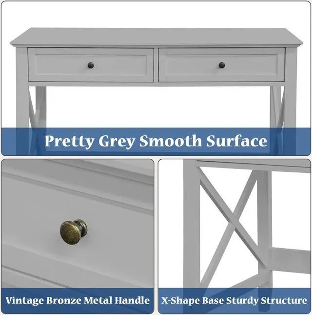 Alt view image 7 of 7 - Computer Desk with 2 Drawers, Elegant Home Office Writing Study Desk with Storage, Modern Simple Vanity Desk Console Table for Living Room, Grey