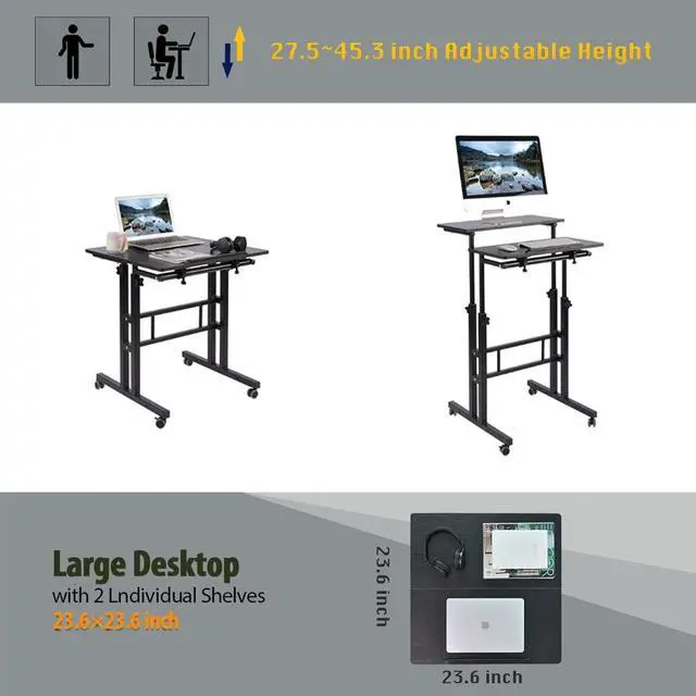 Alt view image 5 of 7 - AIZ Adjustable Desk with Rolling Wheels, Portable Laptop Table for Standing or Sitting, Home Office Computer Workstation for Adults or Children,Black