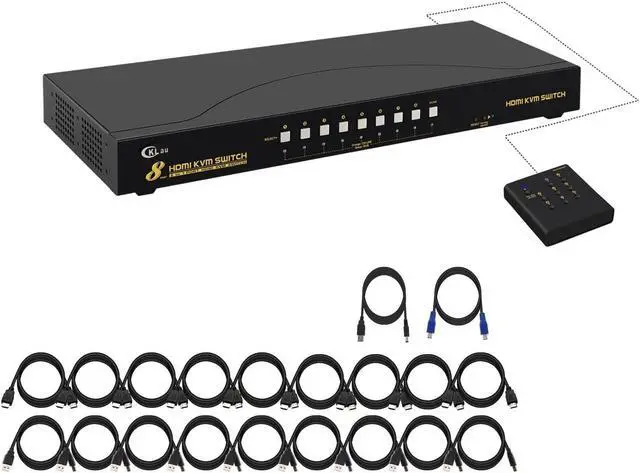 Main image of CKLau 4Kx2K 8 Port HDMI KVM Switch with Cables and USB 2.0 Hub, Rack Mount KVM Switch Supports Keyboard Mouse Switching for Windows, Linux, Mac, Debian, Ubuntu, Fedora, Raspberry Pi and Ubuntu