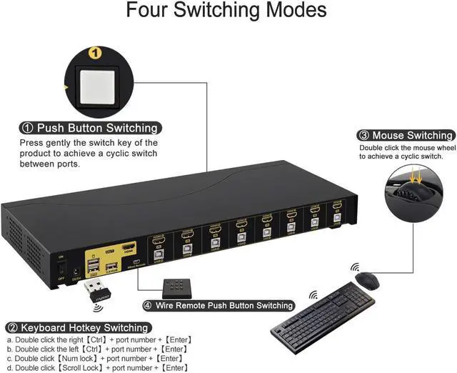 Alt view image 5 of 8 - CKLau 4Kx2K 8 Port HDMI KVM Switch with Cables and USB 2.0 Hub, Rack Mount KVM Switch Supports Keyboard Mouse Switching for Windows, Linux, Mac, Debian, Ubuntu, Fedora, Raspberry Pi and Ubuntu