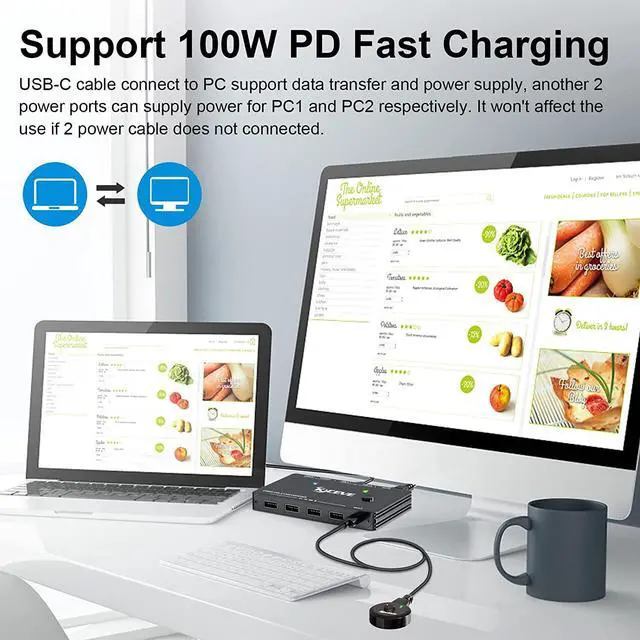 Alt view image 4 of 7 - USB Type-C KVM Switch 4K@60Hz, 2 Computers Share 1 Monitor and 4 USB Devices, Compatible with Thunderbolt 3, with 87 W Power Delivery Option, Support HDMI+USB+Type-C 3.1 Input