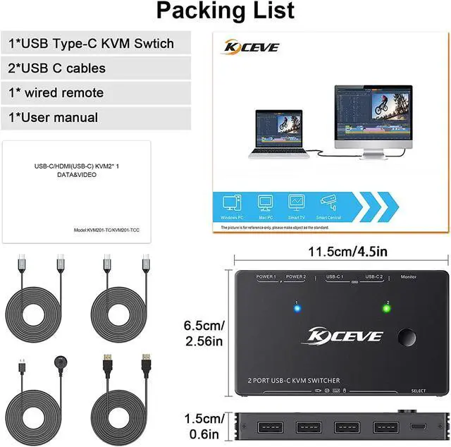 Alt view image 7 of 7 - USB Type-C KVM Switch 4K@60Hz, 2 Computers Share 1 Monitor and 4 USB Devices, Compatible with Thunderbolt 3, with 87 W Power Delivery Option, Support HDMI+USB+Type-C 3.1 Input