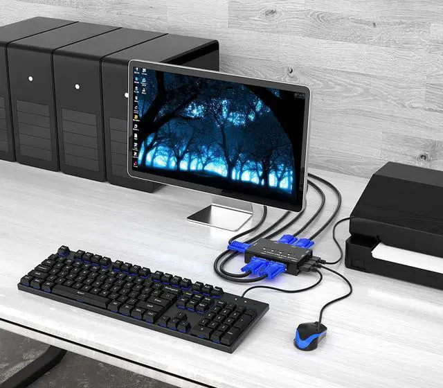 Alt view image 2 of 7 - VGA KVM Switch, Yinker 4 Port USB VGA KVM Switch w/4 KVM Cables & 3 USB Hubs for 4 Computers Share One Monitor Keyboard Mouse