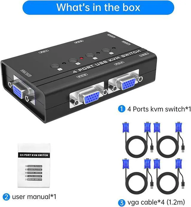 Alt view image 6 of 7 - VGA KVM Switch, Yinker 4 Port USB VGA KVM Switch w/4 KVM Cables & 3 USB Hubs for 4 Computers Share One Monitor Keyboard Mouse