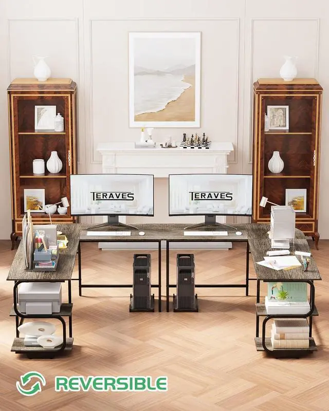 Alt view image 5 of 7 - Teraves Reversible L Shaped Desk with Large Surface, 69 Inch Sturdy Corner Desk with Storage Shelves, Premium Office Computer Desk Workstation for Home Office Gaming