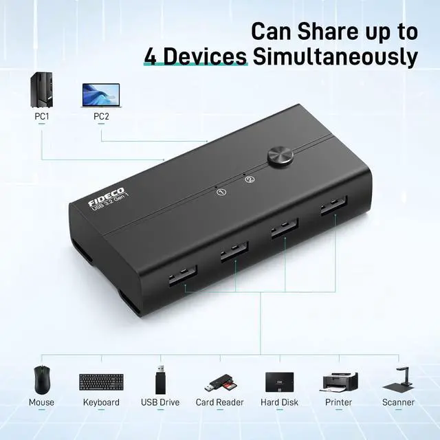 Alt view image 5 of 7 - FIDECO USB 3.2 Gen 1 KM Switch Selector, USB Switch Hub for 2 Computers to Share Mouse, Keyboard, Scanner, Printer, 2-Port Input and 4-Port Output, Aluminum Shell