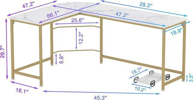 Alt view image 3 of 7 - Teraves Reversible L Shaped Desk White - 66.1" Corner Gaming Computer Desk, Office Workstation Modern Home Study Writing Table, Marble Gold
