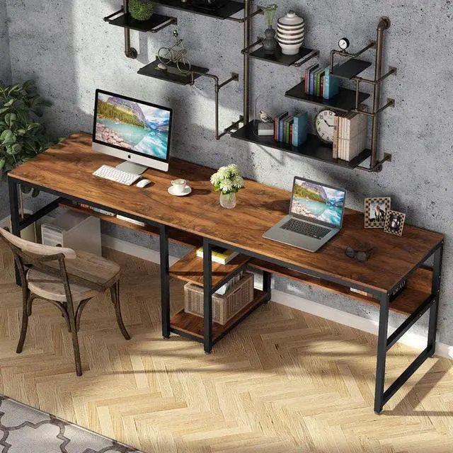 Alt view image 4 of 7 - Tribesigns Two Person Desk with Bookshelf, 78.7 Computer Office Double Desk for Two Person, Rustic Writing Desk Workstation with Shelf for Home Office (Brown)