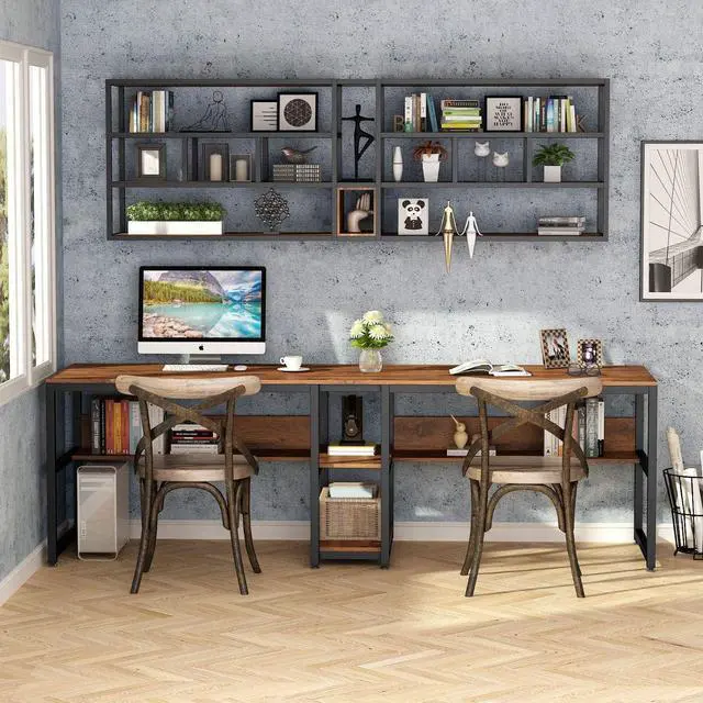Alt view image 6 of 7 - Tribesigns Two Person Desk with Bookshelf, 78.7 Computer Office Double Desk for Two Person, Rustic Writing Desk Workstation with Shelf for Home Office (Brown)