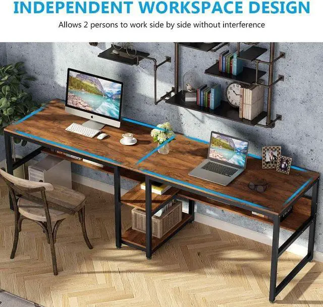 Alt view image 7 of 7 - Tribesigns Two Person Desk with Bookshelf, 78.7 Computer Office Double Desk for Two Person, Rustic Writing Desk Workstation with Shelf for Home Office (Brown)