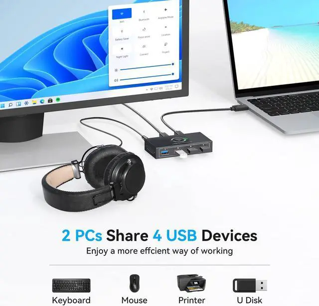 Alt view image 2 of 7 - USB 3.0 Switcher Selector 2 Computers Share 4 USB 3.0 Devices1 3.5mm Audio USB KVM Switcher for Keyboard Mouse Printer Scanner Hard Drivers Headsets