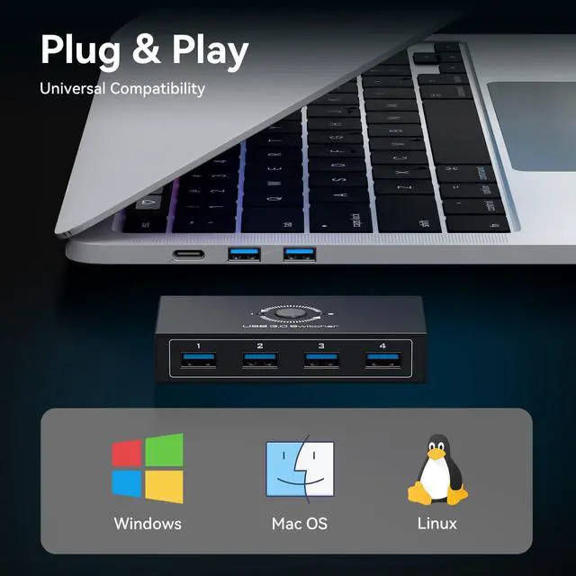Alt view image 4 of 7 - USB 3.0 Switcher Selector 2 Computers Share 4 USB 3.0 Devices1 3.5mm Audio USB KVM Switcher for Keyboard Mouse Printer Scanner Hard Drivers Headsets