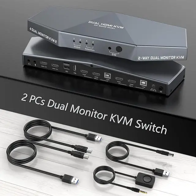 Main image of 2 PCs Dual Monitor KVM Switch 4K, HDMI KVM Switch Dual Monitor Suitable for 2 Computers + 2 Monitors with Audio, USB Powered, Hotkey Switch, 4K Monitor hdmi Switch with Cables