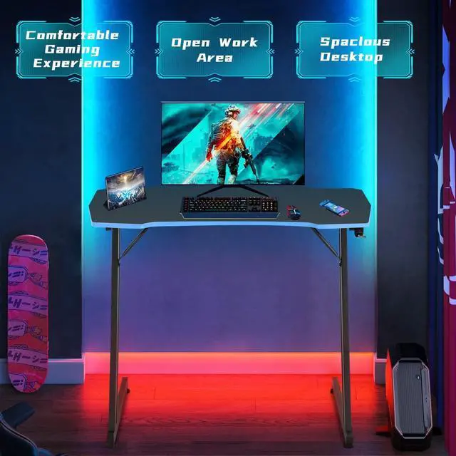 Alt view image 5 of 7 - Z Shaped Gaming Desk 39 Gaming Computer Desk with Headphone Hook Gaming PC Table for boy Girl Home Office Desks Carbon Fiber Gaming Desk for Small Places, Simple Installation, Black