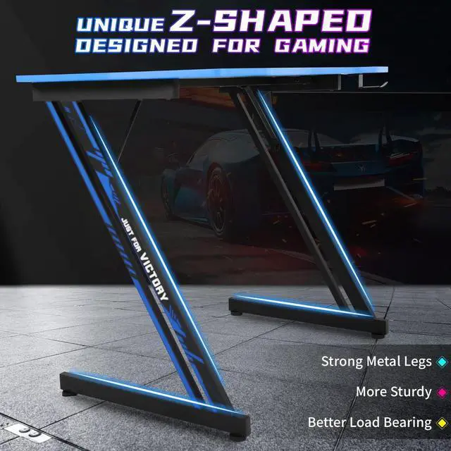 Alt view image 6 of 7 - Z Shaped Gaming Desk 39 Gaming Computer Desk with Headphone Hook Gaming PC Table for boy Girl Home Office Desks Carbon Fiber Gaming Desk for Small Places, Simple Installation, Black