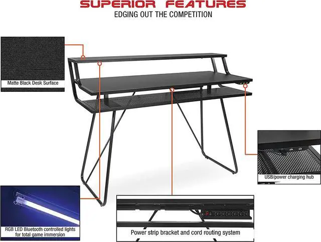 Alt view image 4 of 7 - OSP Home Furnishings Glitch Battlestation Gaming Desk with Bluetooth RGB LED Lights, Red