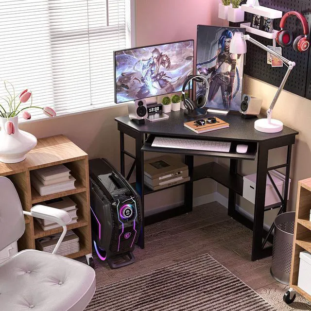 Alt view image 3 of 7 - VECELO Corner Desk Computer Desk Writing Table with Smooth Keyboard Tray & Storage Shelves,Compact Home Office Triangle Table,Black