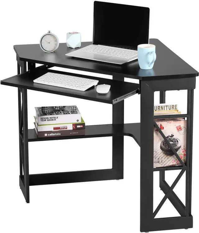 Alt view image 6 of 7 - VECELO Corner Desk Computer Desk Writing Table with Smooth Keyboard Tray & Storage Shelves,Compact Home Office Triangle Table,Black