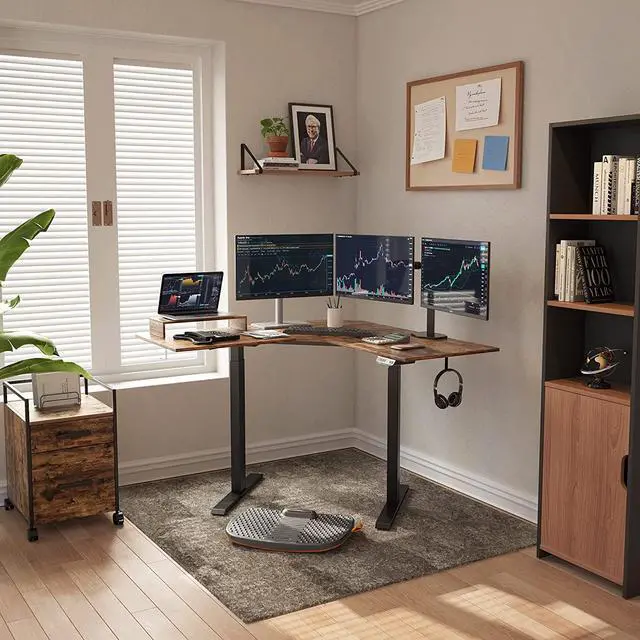 Alt view image 2 of 7 - FEZIBO Dual Motor L Shaped Electric Standing Desk, 48 Inches Stand Up Corner Desk, Home Office Sit Stand Desk with Rustic Brown Top and Black Frame