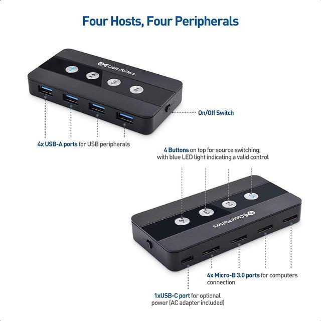Alt view image 2 of 7 - Cable Matters 4 Port USB 3.0 Switch USB Sharing Switch for 4 Computers and USB Peripherals - Button or Wireless Remote Control Switching - Includes a USB-C Adapter for USB-C USB4 and Thunderbolt 4