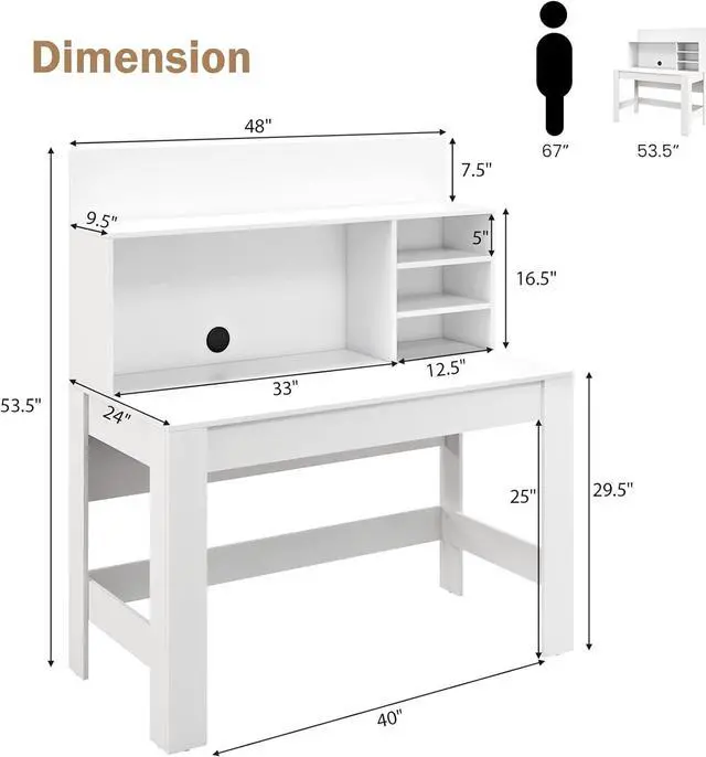 Alt view image 3 of 7 - Tangkula White Desk with Hutch, Home Office Desk with Bookshelf, Writing Study Desk with Anti-Toppling Device & Cable Hole, Modern Computer Workstation PC Laptop Desk for Small Space, Bedroom