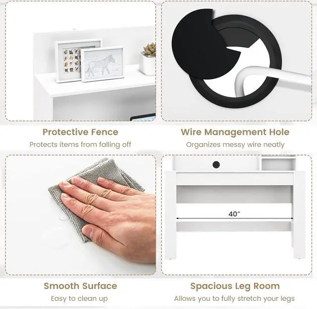 Alt view image 5 of 7 - Tangkula White Desk with Hutch, Home Office Desk with Bookshelf, Writing Study Desk with Anti-Toppling Device & Cable Hole, Modern Computer Workstation PC Laptop Desk for Small Space, Bedroom