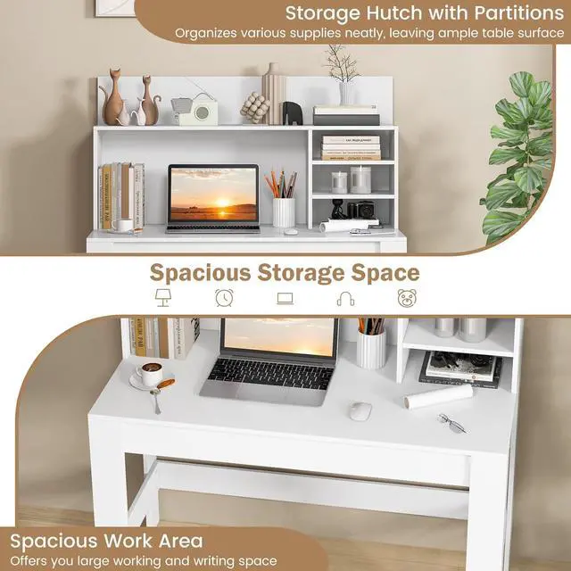 Alt view image 7 of 7 - Tangkula White Desk with Hutch, Home Office Desk with Bookshelf, Writing Study Desk with Anti-Toppling Device & Cable Hole, Modern Computer Workstation PC Laptop Desk for Small Space, Bedroom