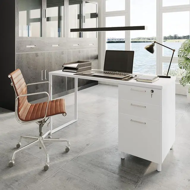 Alt view image 2 of 7 - Modern Designs Milano Office Desk with 3 Locking Drawers, 48 Inch White Industrial Wood Desk with Filing Drawer and Storage, by Crafts and Comfort