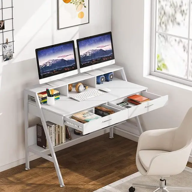 Alt view image 2 of 7 - Tribesigns Computer Desk with Storage Shelf & Drawers, Modern 47 inch Office Writing Desk Study Table with Monitor Stand Riser for Home Office Use (White)