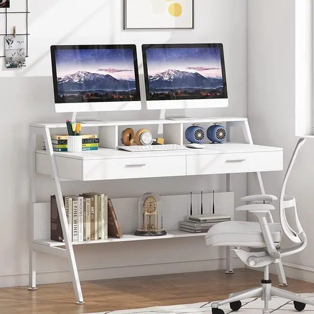 Alt view image 4 of 7 - Tribesigns Computer Desk with Storage Shelf & Drawers, Modern 47 inch Office Writing Desk Study Table with Monitor Stand Riser for Home Office Use (White)
