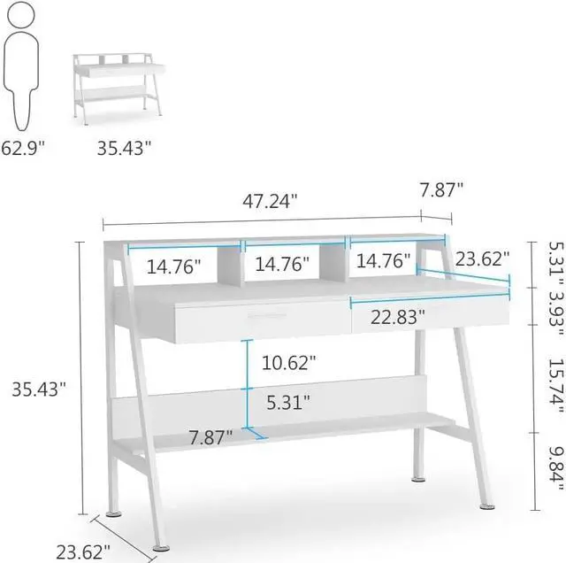 Alt view image 3 of 7 - Tribesigns Computer Desk with Storage Shelf & Drawers, Modern 47 inch Office Writing Desk Study Table with Monitor Stand Riser for Home Office Use (White)