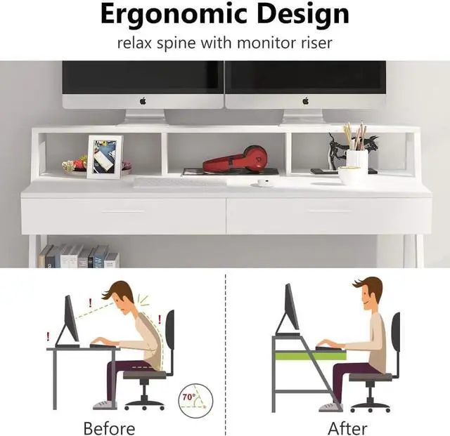 Alt view image 6 of 7 - Tribesigns Computer Desk with Storage Shelf & Drawers, Modern 47 inch Office Writing Desk Study Table with Monitor Stand Riser for Home Office Use (White)