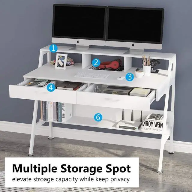 Alt view image 5 of 7 - Tribesigns Computer Desk with Storage Shelf & Drawers, Modern 47 inch Office Writing Desk Study Table with Monitor Stand Riser for Home Office Use (White)
