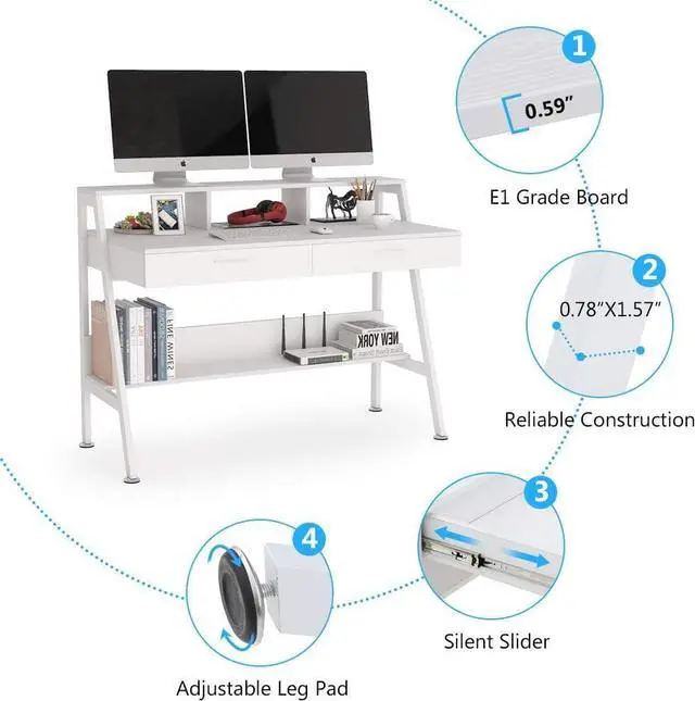 Alt view image 7 of 7 - Tribesigns Computer Desk with Storage Shelf & Drawers, Modern 47 inch Office Writing Desk Study Table with Monitor Stand Riser for Home Office Use (White)