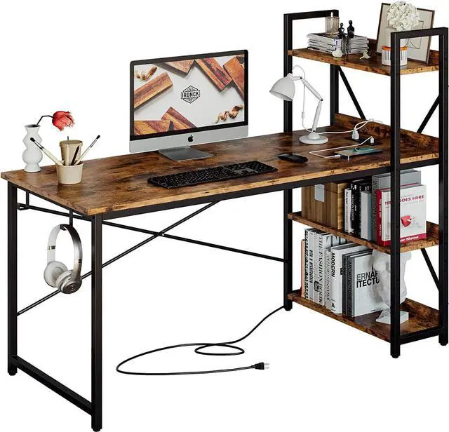 Main image of IRONCK Computer Desk 55" with Power Outlet and Storage Shelves, Study Writing Table with USB Ports Charging Station, PC Desk Workstation for Home Office, Rustic Brown