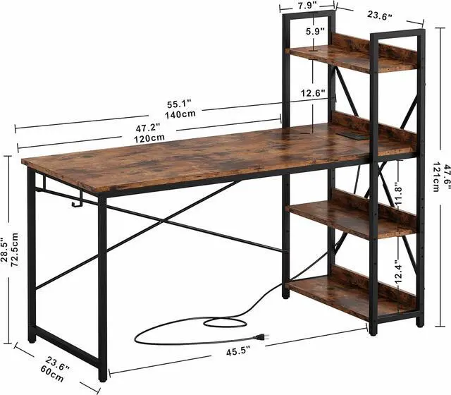 Alt view image 5 of 7 - IRONCK Computer Desk 55" with Power Outlet and Storage Shelves, Study Writing Table with USB Ports Charging Station, PC Desk Workstation for Home Office, Rustic Brown