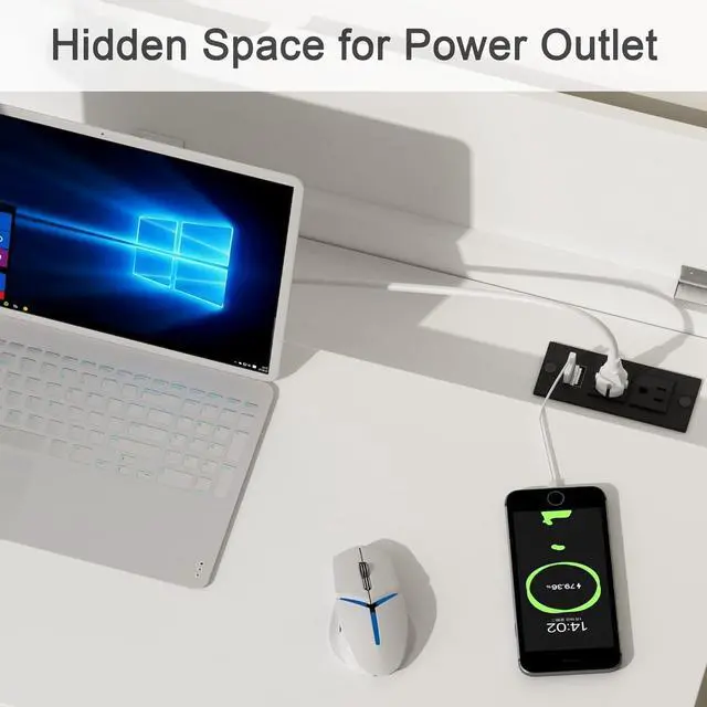 Alt view image 4 of 7 - Treocho Computer Desk with USB Charging Ports and Power Outlets, Modern Simple 40 inch White Desk with 2 Drawers, Vanity Desk, Makeup Table for Home Office, Bedroom