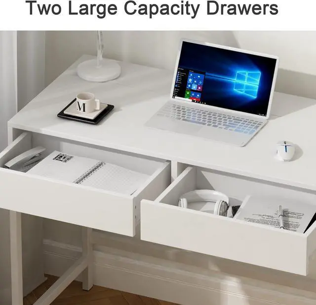 Alt view image 5 of 7 - Treocho Computer Desk with USB Charging Ports and Power Outlets, Modern Simple 40 inch White Desk with 2 Drawers, Vanity Desk, Makeup Table for Home Office, Bedroom