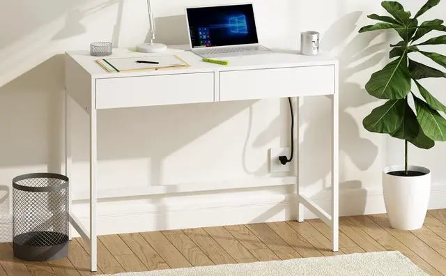 Alt view image 6 of 7 - Treocho Computer Desk with USB Charging Ports and Power Outlets, Modern Simple 40 inch White Desk with 2 Drawers, Vanity Desk, Makeup Table for Home Office, Bedroom