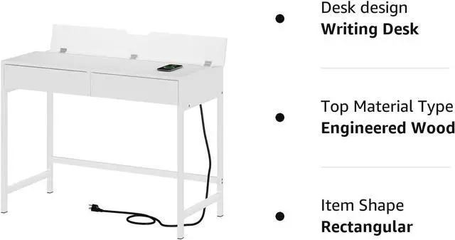 Alt view image 7 of 7 - Treocho Computer Desk with USB Charging Ports and Power Outlets, Modern Simple 40 inch White Desk with 2 Drawers, Vanity Desk, Makeup Table for Home Office, Bedroom