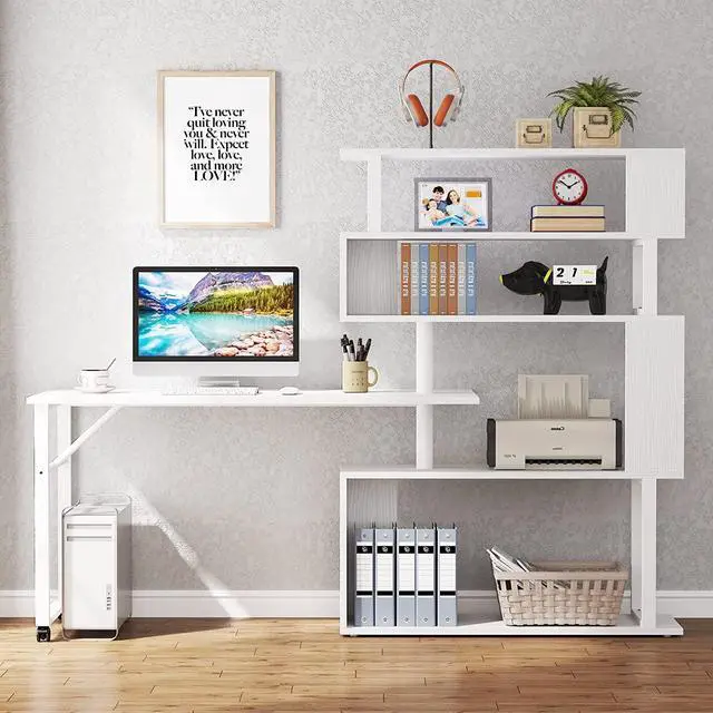 Alt view image 2 of 7 - Tribesigns Rotating Computer Desk with 5 Shelves Bookshelf, Modern L-Shaped Corner Desk with Storage, Reversible Office Desk Study Table Writing Desk on Wheels for Home Office (White)