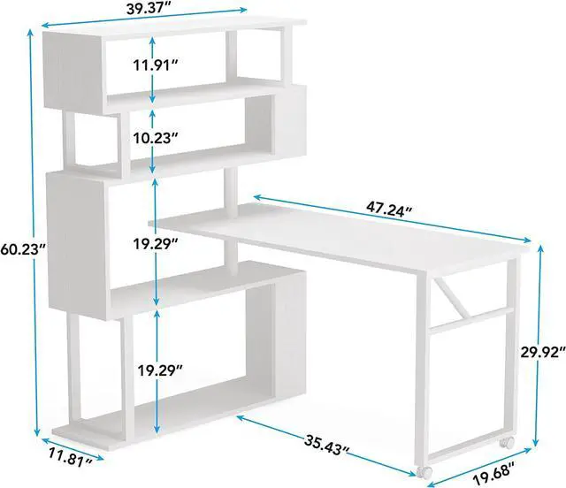 Alt view image 3 of 7 - Tribesigns Rotating Computer Desk with 5 Shelves Bookshelf, Modern L-Shaped Corner Desk with Storage, Reversible Office Desk Study Table Writing Desk on Wheels for Home Office (White)