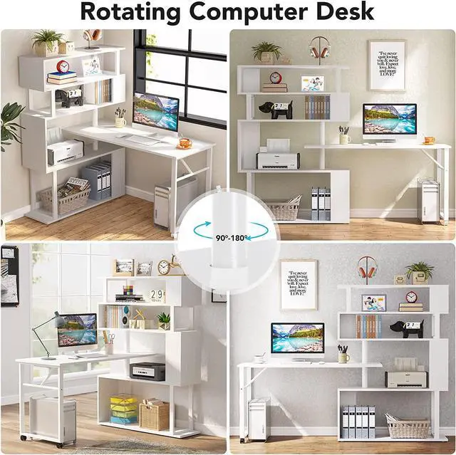 Alt view image 4 of 7 - Tribesigns Rotating Computer Desk with 5 Shelves Bookshelf, Modern L-Shaped Corner Desk with Storage, Reversible Office Desk Study Table Writing Desk on Wheels for Home Office (White)