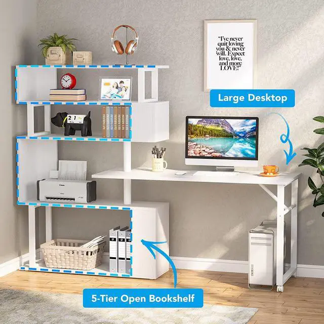 Alt view image 5 of 7 - Tribesigns Rotating Computer Desk with 5 Shelves Bookshelf, Modern L-Shaped Corner Desk with Storage, Reversible Office Desk Study Table Writing Desk on Wheels for Home Office (White)